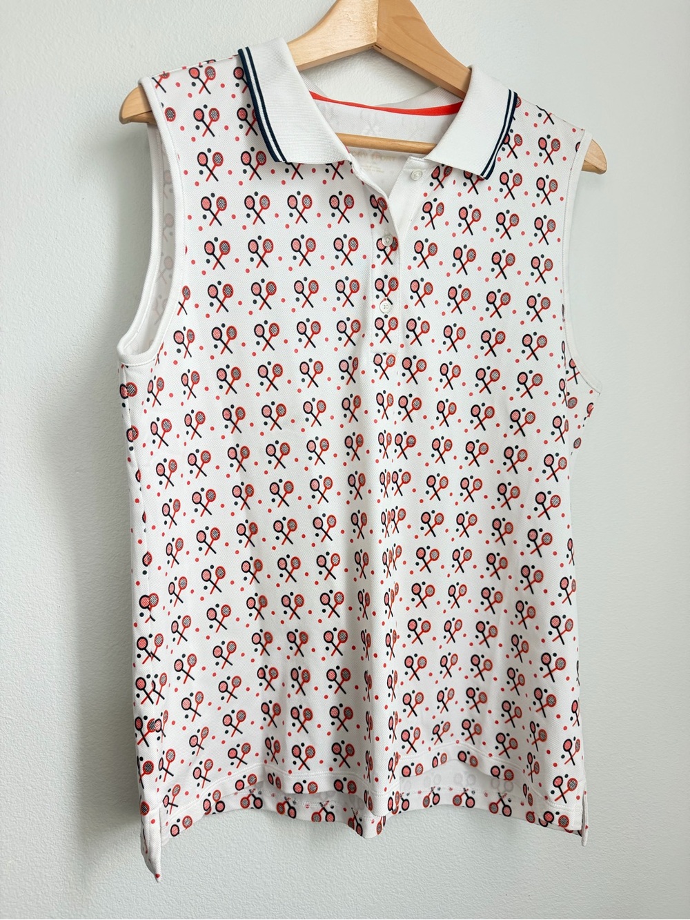 Tory Burch White Sleeveless Polo with Red & Navy Tennis Racket Print